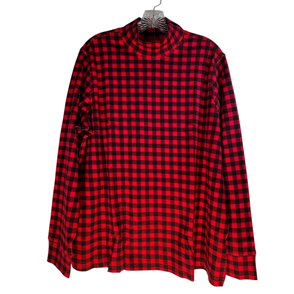 Lands End Relaxed Fit Mock Neck Top Red Black Buffalo Check Plaid 1X 16W-18W